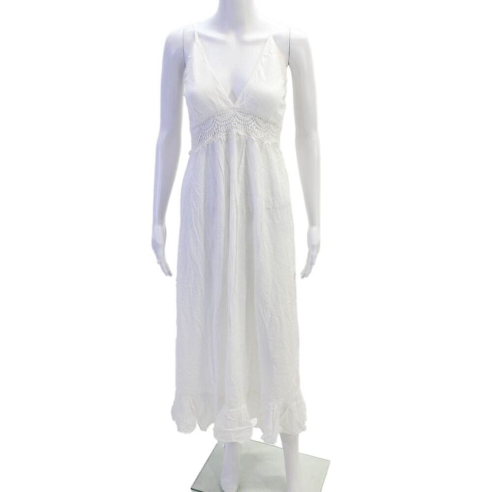 Boho Me Womens V-Neck Spaghetti Straps Lace Trim Smocked Midi Dress White Size S